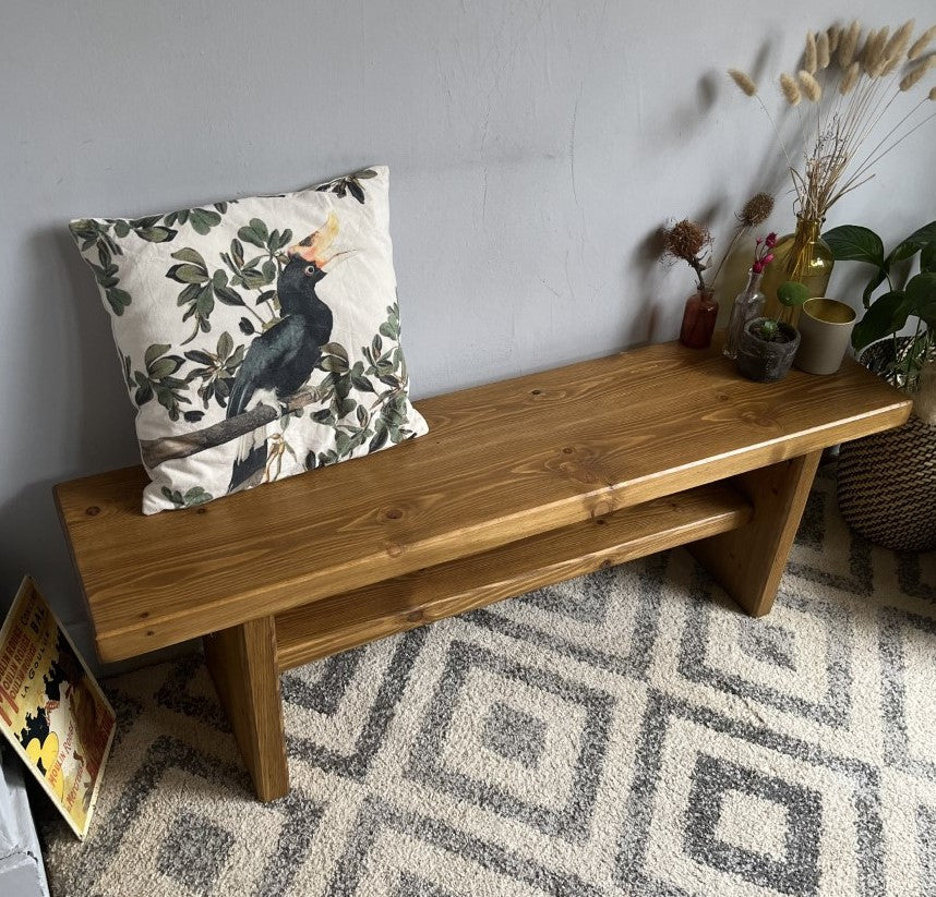 Industrial Redwood Pine Bench with Wooden Frame Legs – Mid-Century Modern Design