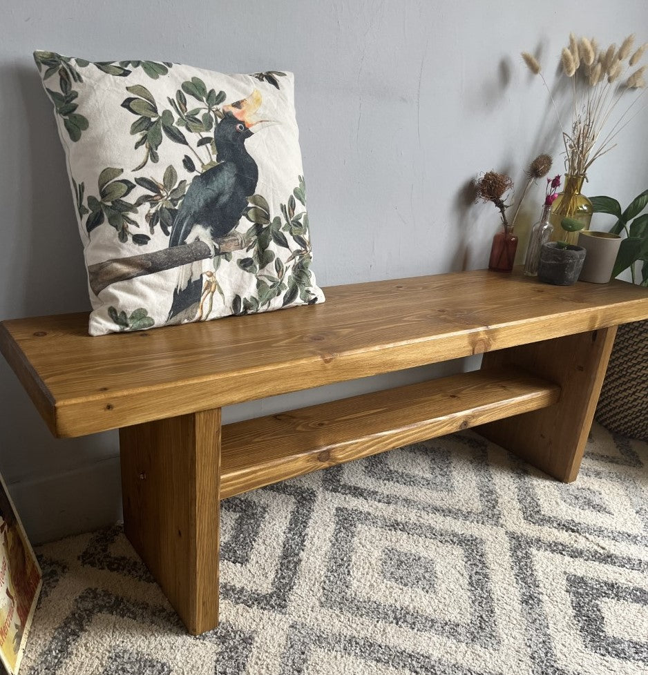 Industrial Redwood Pine Bench with Wooden Frame Legs – Mid-Century Modern Design