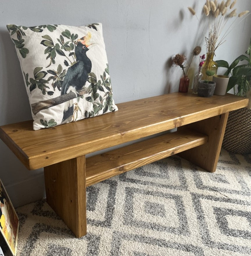 Industrial Redwood Pine Bench with Wooden Frame Legs – Mid-Century Modern Design