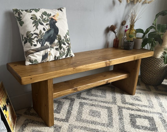 Industrial Redwood Pine Bench with Wooden Frame Legs – Mid-Century Modern Design