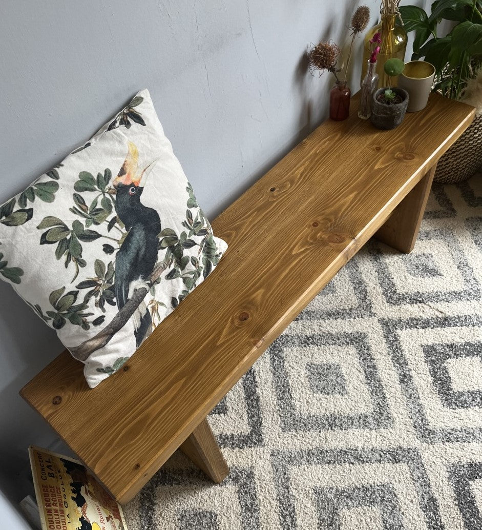 Industrial Redwood Pine Bench with Wooden Frame Legs – Mid-Century Modern Design