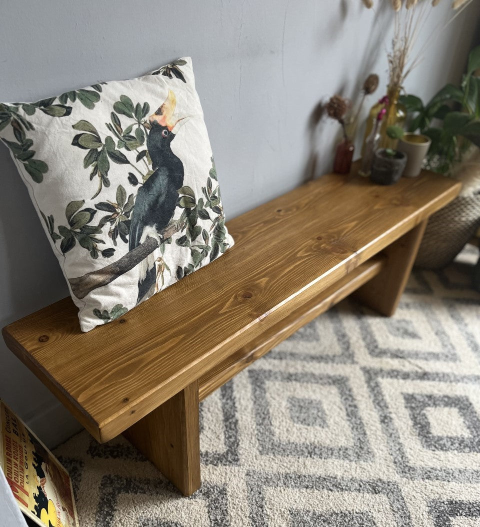 Industrial Redwood Pine Bench with Wooden Frame Legs – Mid-Century Modern Design