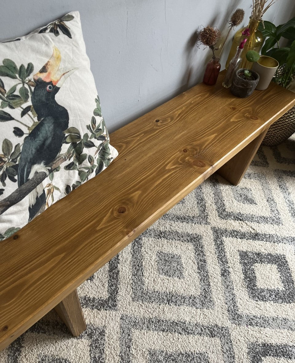 Industrial Redwood Pine Bench with Wooden Frame Legs – Mid-Century Modern Design