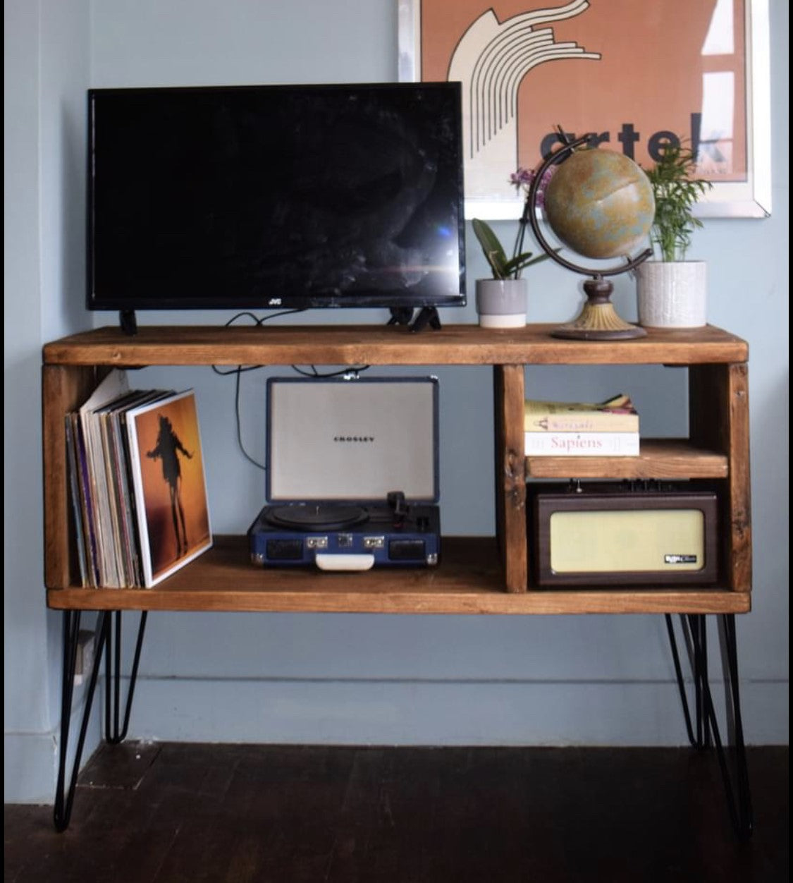 Industrial Reclaimed Scaffold Board Sideboard Vinyl Storage with Black Steel Hairpin Legs - Mid-Century Modern Home Furniture|Scandi Design|