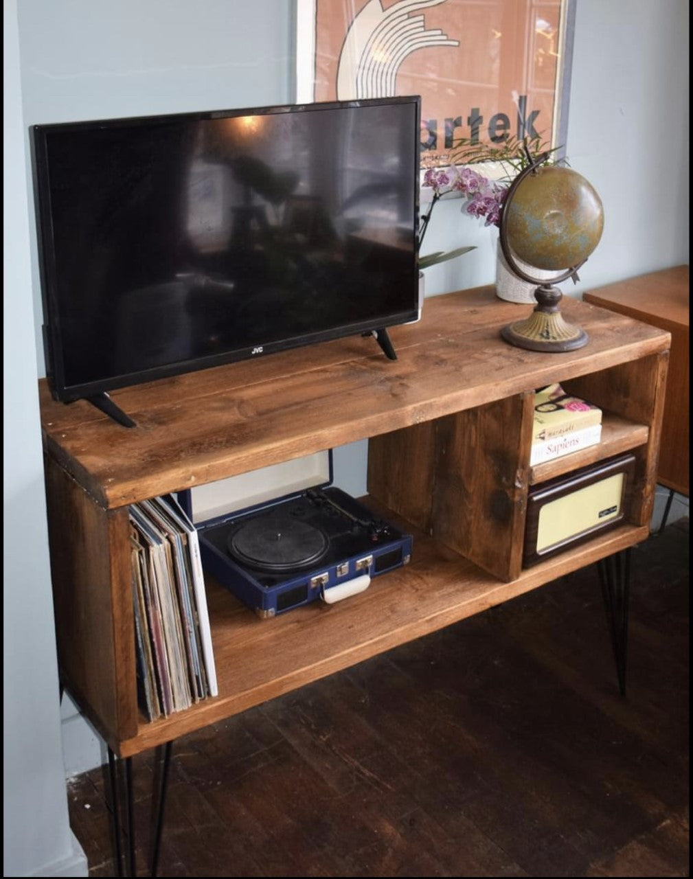 Industrial Reclaimed Scaffold Board Sideboard Vinyl Storage with Black Steel Hairpin Legs - Mid-Century Modern Home Furniture|Scandi Design|