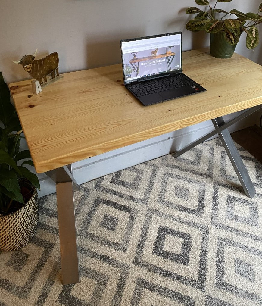 Industrial Redwood Pine Desks with Steel X Frame Legs - Mid-Century Modern Home Office Furniture