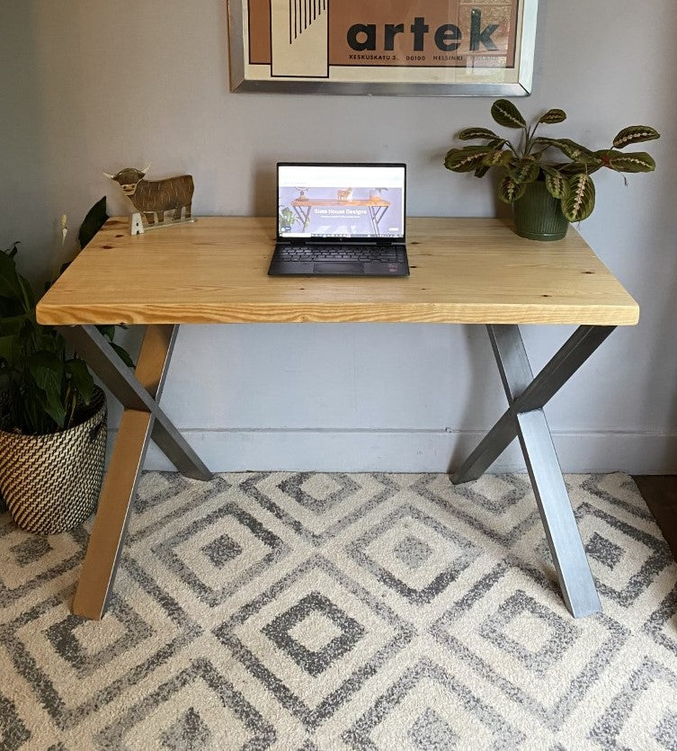 Industrial Redwood Pine Desks with Steel X Frame Legs - Mid-Century Modern Home Office Furniture