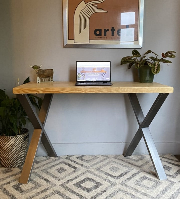 Industrial Redwood Pine Desks with Steel X Frame Legs - Mid-Century Modern Home Office Furniture