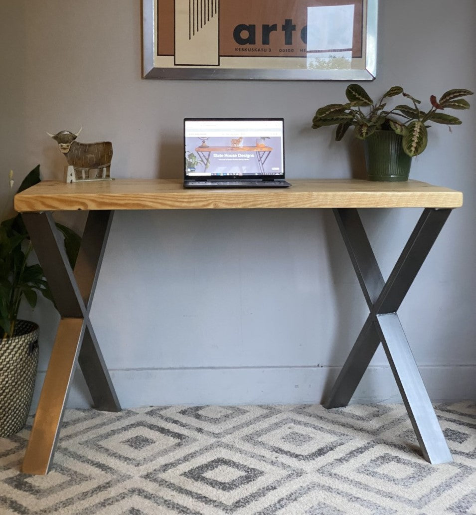 Industrial Redwood Pine Desks with Steel X Frame Legs - Mid-Century Modern Home Office Furniture