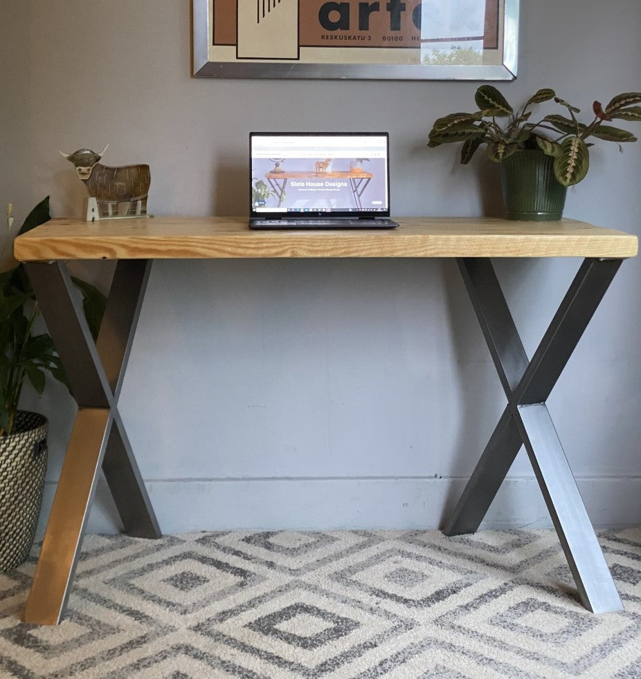 Industrial Redwood Pine Desks with Steel X Frame Legs - Mid-Century Modern Home Office Furniture