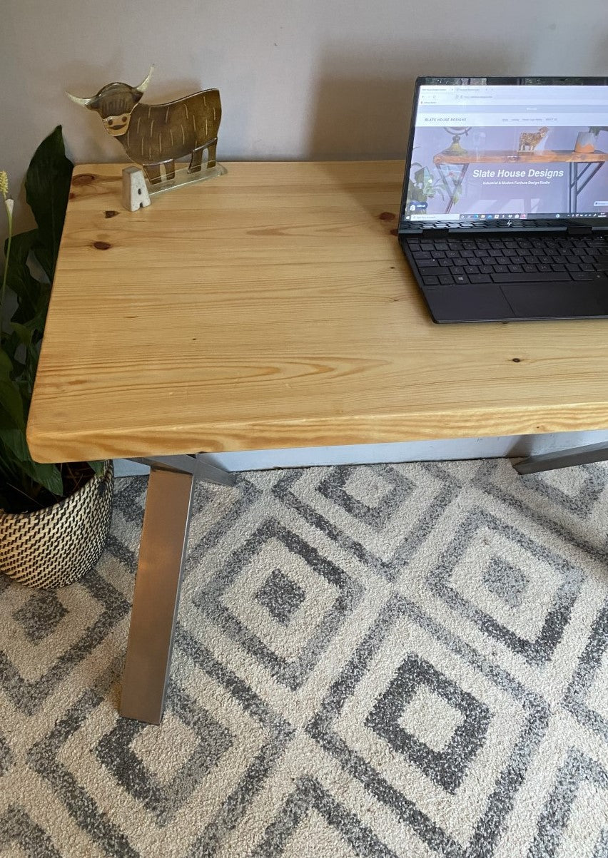 Industrial Redwood Pine Desks with Steel X Frame Legs - Mid-Century Modern Home Office Furniture