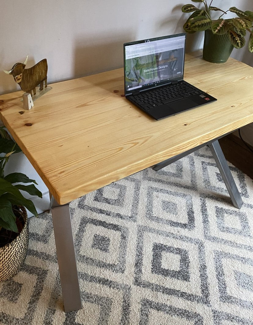 Industrial Redwood Pine Desks with Steel X Frame Legs - Mid-Century Modern Home Office Furniture