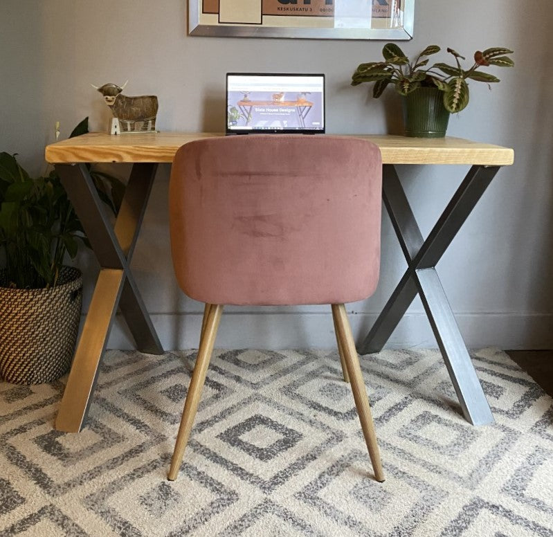 Industrial Redwood Pine Desks with Steel X Frame Legs - Mid-Century Modern Home Office Furniture