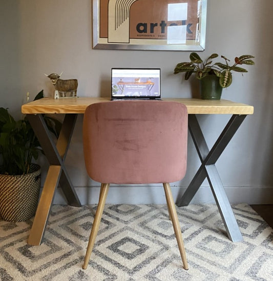 Industrial Redwood Pine Desks with Steel X Frame Legs - Mid-Century Modern Home Office Furniture