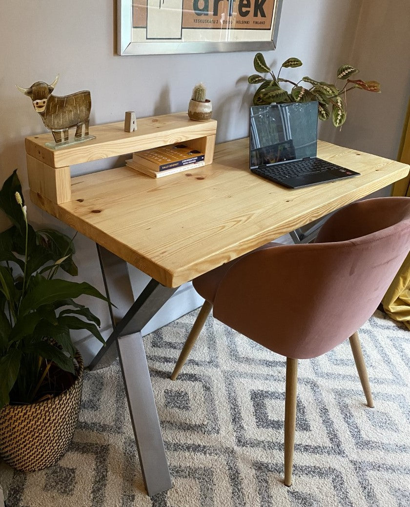 Industrial Redwood Pine Desks with Steel X Frame Legs - Mid-Century Modern Home Office Furniture Shelf Half Desk