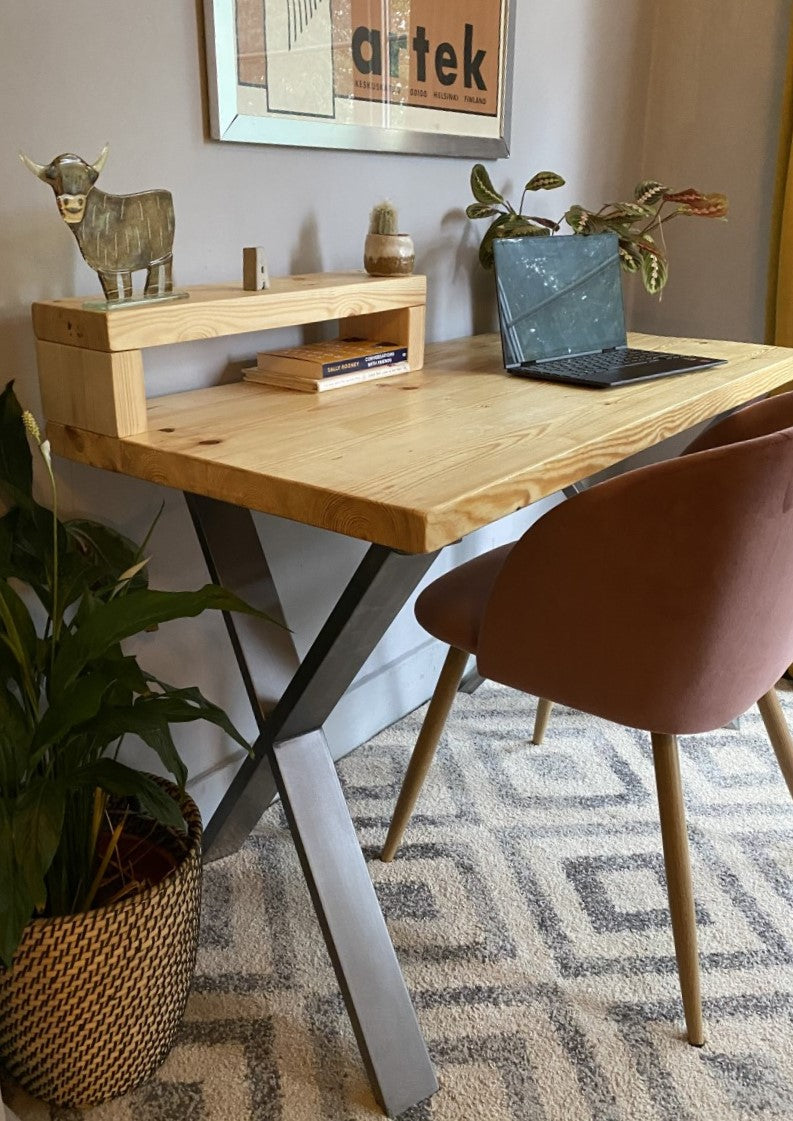 Industrial Redwood Pine Desks with Steel X Frame Legs - Mid-Century Modern Home Office Furniture Shelf Half Desk