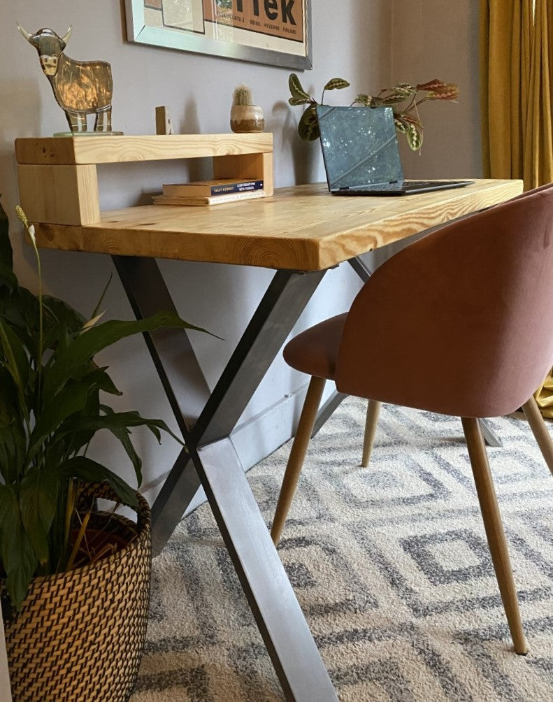 Industrial Redwood Pine Desks with Steel X Frame Legs - Mid-Century Modern Home Office Furniture Shelf Half Desk