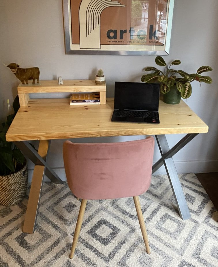 Industrial Redwood Pine Desks with Steel X Frame Legs - Mid-Century Modern Home Office Furniture Shelf Half Desk