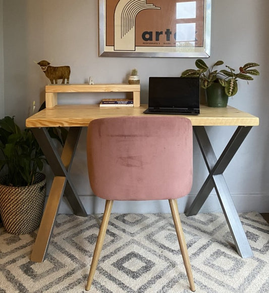 Industrial Redwood Pine Desks with Steel X Frame Legs - Mid-Century Modern Home Office Furniture Shelf Half Desk