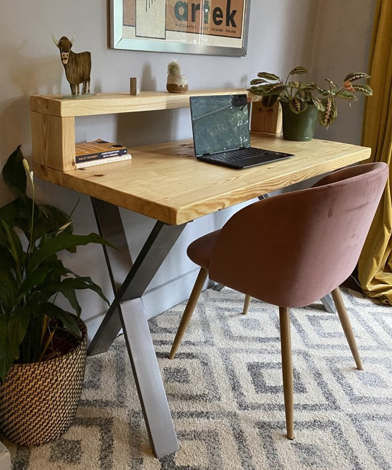 Industrial Redwood Pine Desks with Steel X Frame Legs - Mid-Century Modern Home Office Furniture Shelf Desk