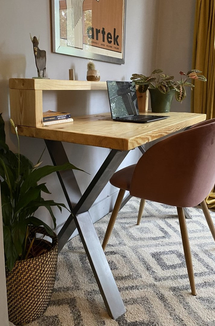 Industrial Redwood Pine Desks with Steel X Frame Legs - Mid-Century Modern Home Office Furniture Shelf Desk