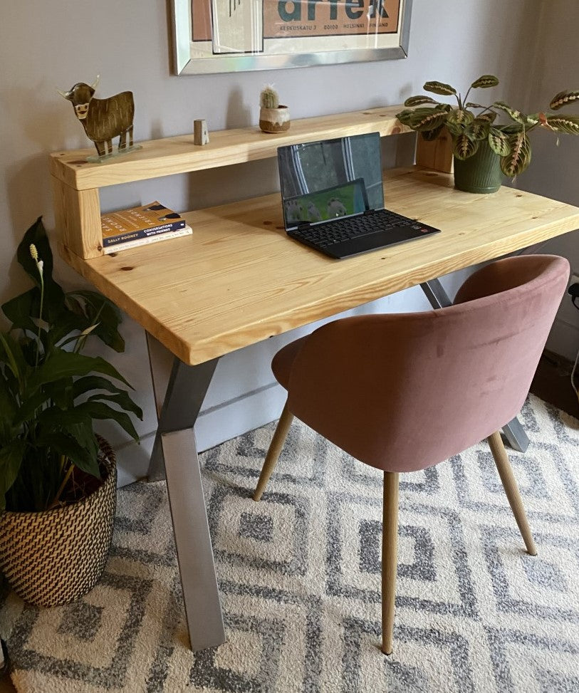 Industrial Redwood Pine Desks with Steel X Frame Legs - Mid-Century Modern Home Office Furniture Shelf Desk