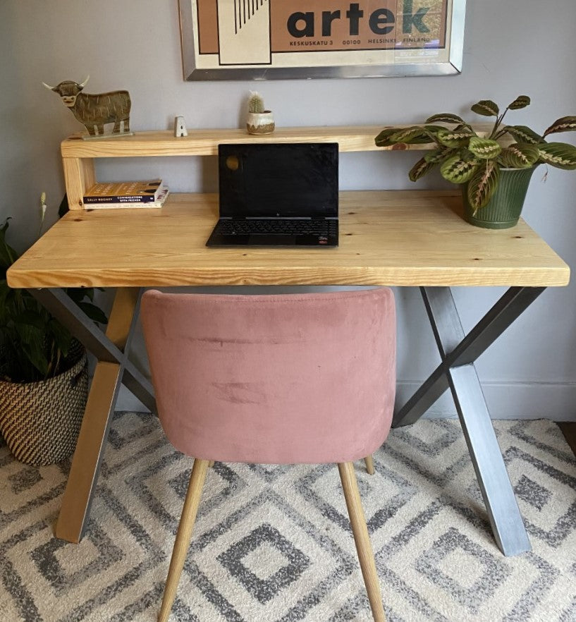 Industrial Redwood Pine Desks with Steel X Frame Legs - Mid-Century Modern Home Office Furniture Shelf Desk