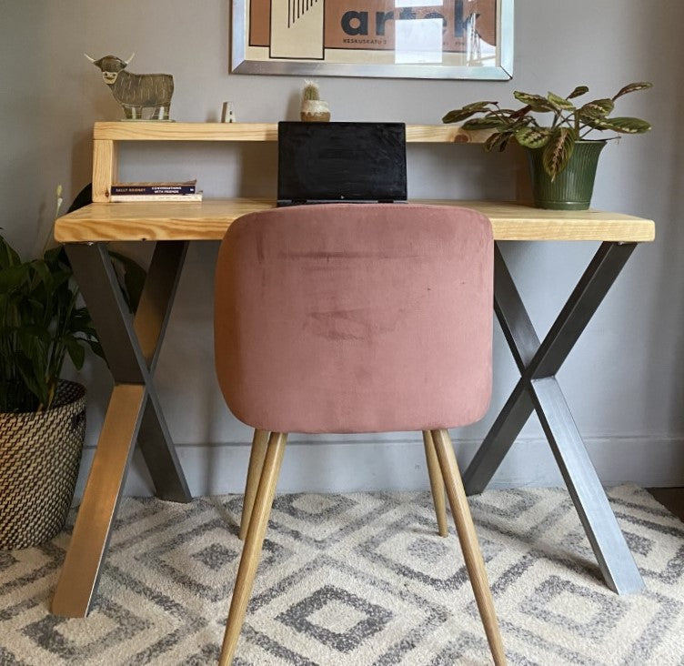 Industrial Redwood Pine Desks with Steel X Frame Legs - Mid-Century Modern Home Office Furniture Shelf Desk