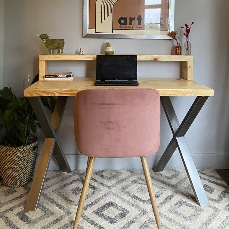 Industrial Redwood Pine Desks with Steel X Frame Legs - Mid-Century Modern Home Office Furniture Shelf Desk