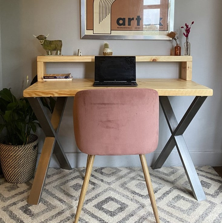 Industrial Redwood Pine Desks with Steel X Frame Legs - Mid-Century Modern Home Office Furniture Shelf Desk