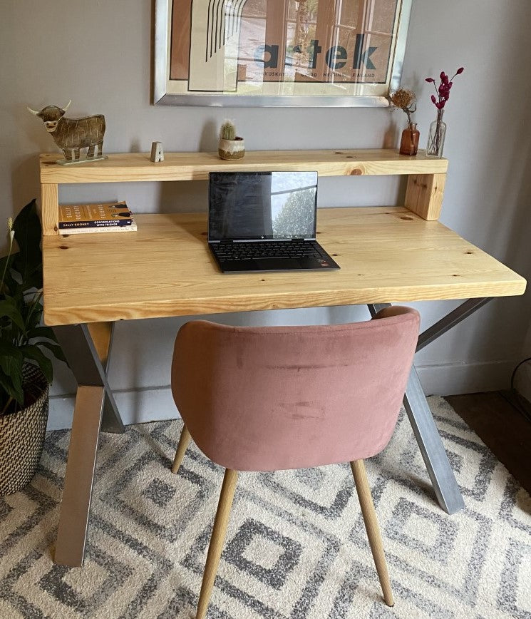 Industrial Redwood Pine Desks with Steel X Frame Legs - Mid-Century Modern Home Office Furniture Shelf Desk