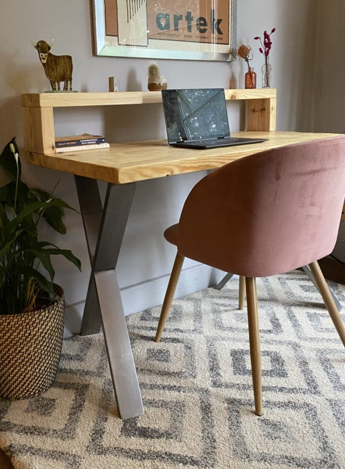 Industrial Redwood Pine Desks with Steel X Frame Legs - Mid-Century Modern Home Office Furniture Shelf Desk