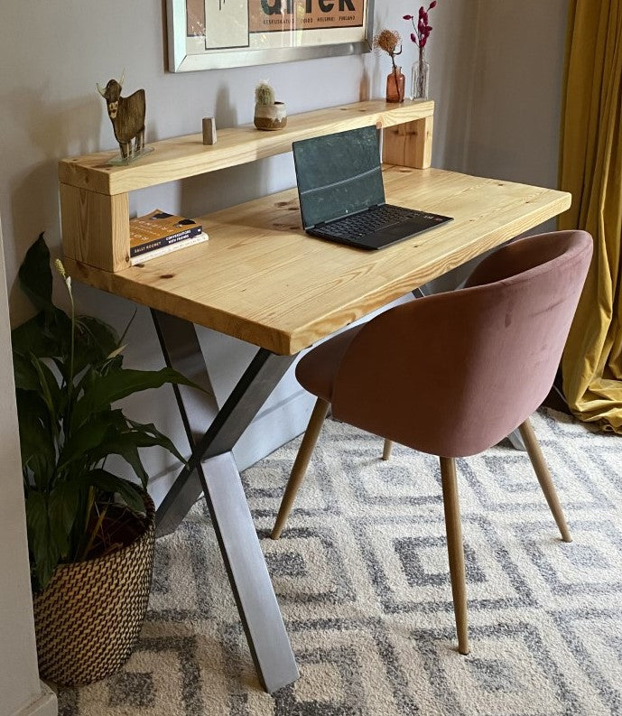 Industrial Redwood Pine Desks with Steel X Frame Legs - Mid-Century Modern Home Office Furniture Shelf Desk