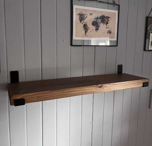 Scandi Industrial Redwood Pine Shelf with Black Inverted Steel Brackets – Modern Wall-Mounted Storage | James's Workshop