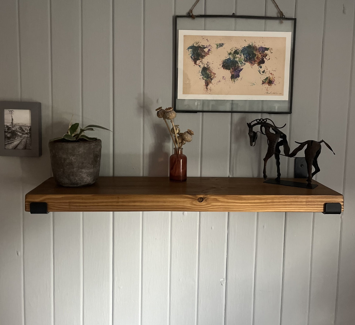 Scandi Industrial Redwood Pine Shelf with Black Inverted Steel Brackets – Modern Wall-Mounted Storage | James's Workshop